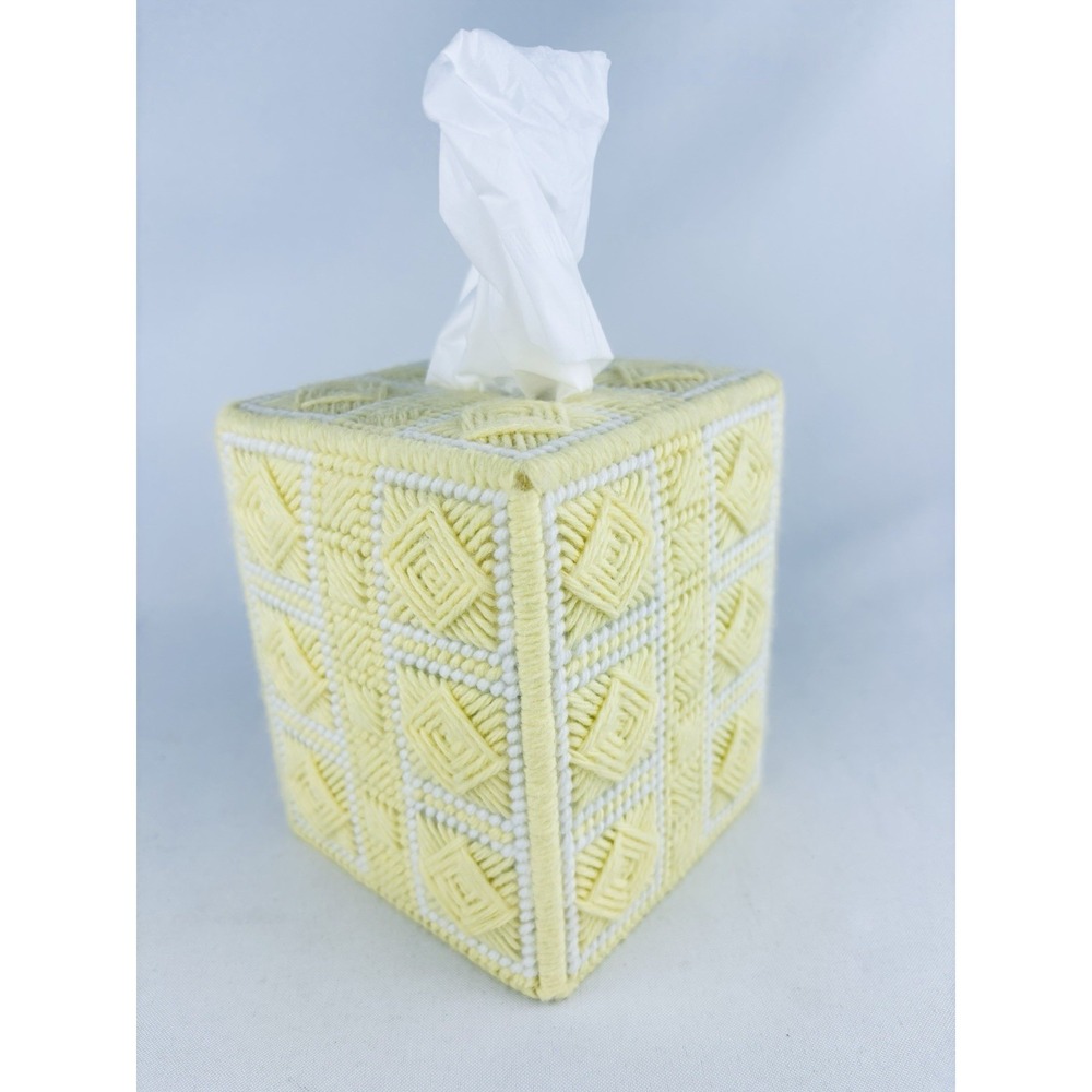 Knitted Stitched Crochet Tissue Box Cover Vintage Yellow  Cream Handmade Decor